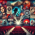 Cinematic collage featuring posters and stills from lesser-known films with a projector casting light in a movie theater setting