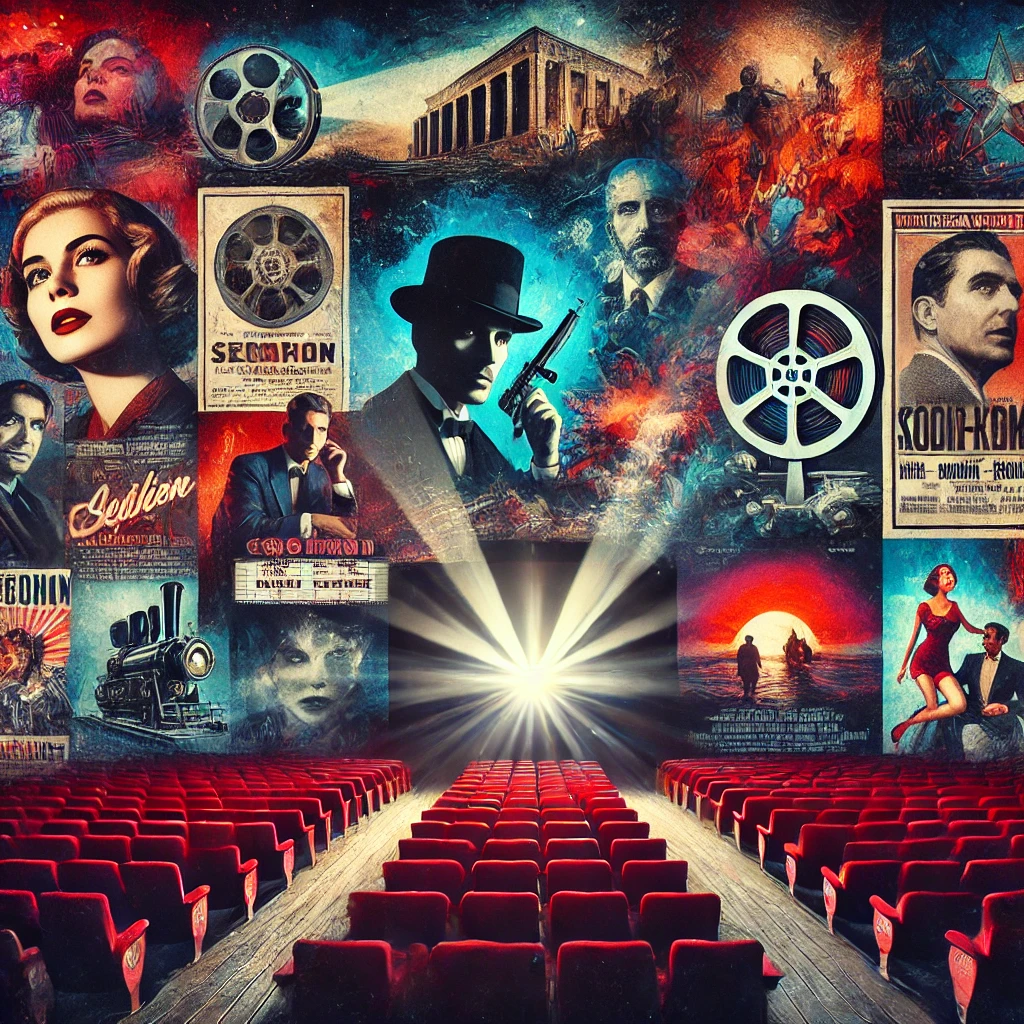 Cinematic collage featuring posters and stills from lesser-known films with a projector casting light in a movie theater setting