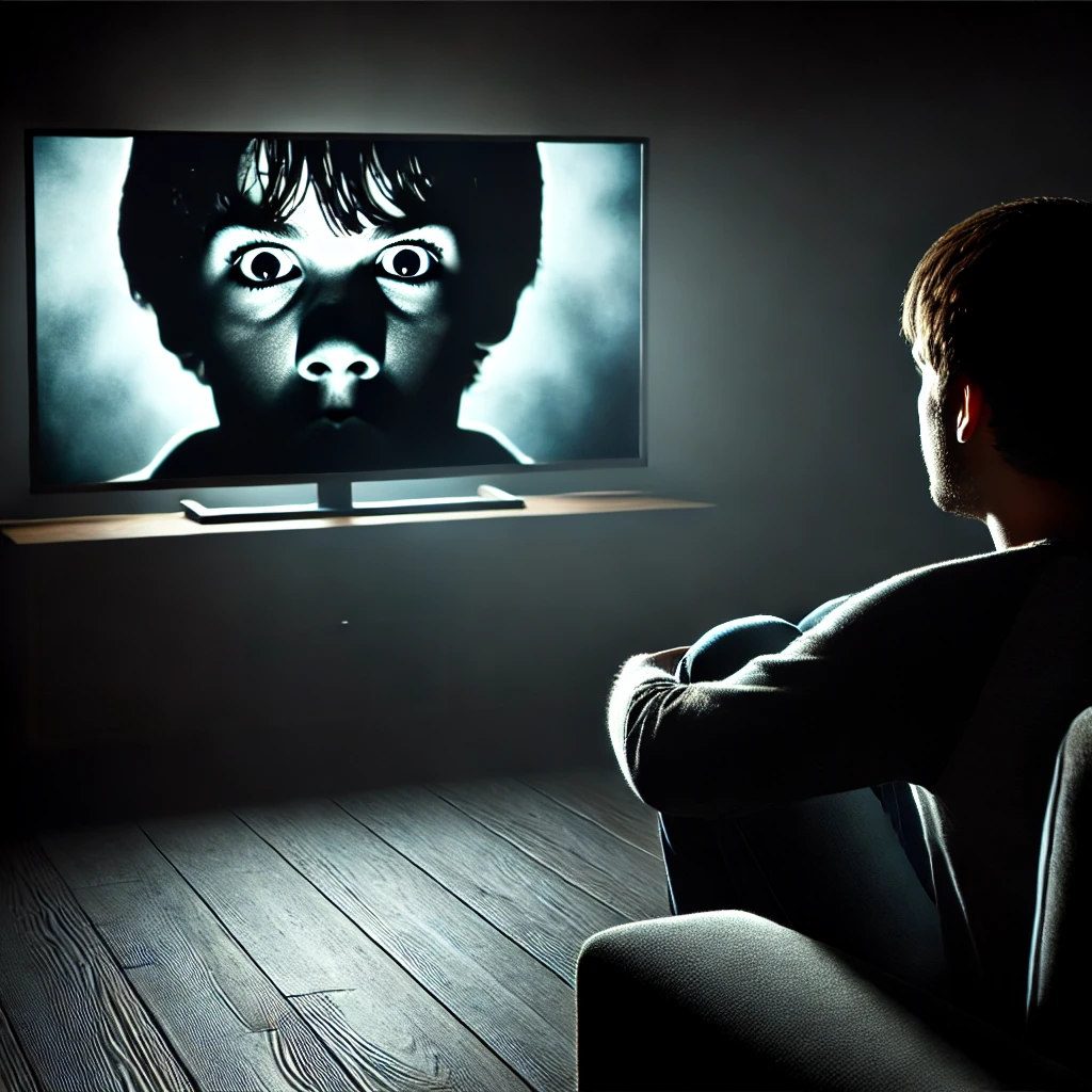 Person watching a horror movie in a dark room with a tense, fearful expression, illuminated by the TV screen.