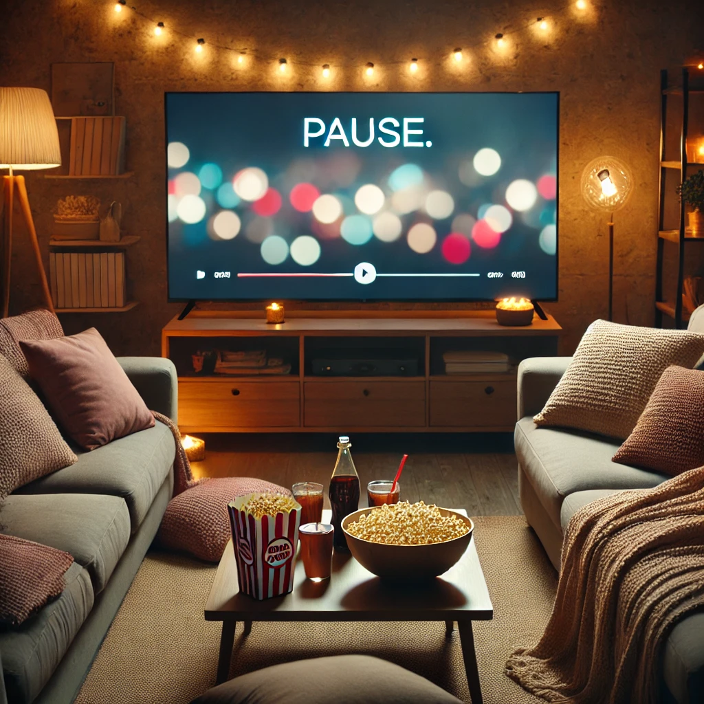 Cozy living room setup for a movie night at home with a large TV, comfortable sofas, blankets, dim lighting, and a coffee table with popcorn, drinks, and candy.