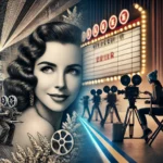 A cinematic scene showing the evolution of female representation in cinema, with a vintage Hollywood actress on the left and a modern female film director on set on the right, symbolizing progress in women's roles in film.