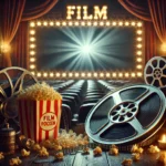 Cinematic theme with movie theater, film reel, and popcorn