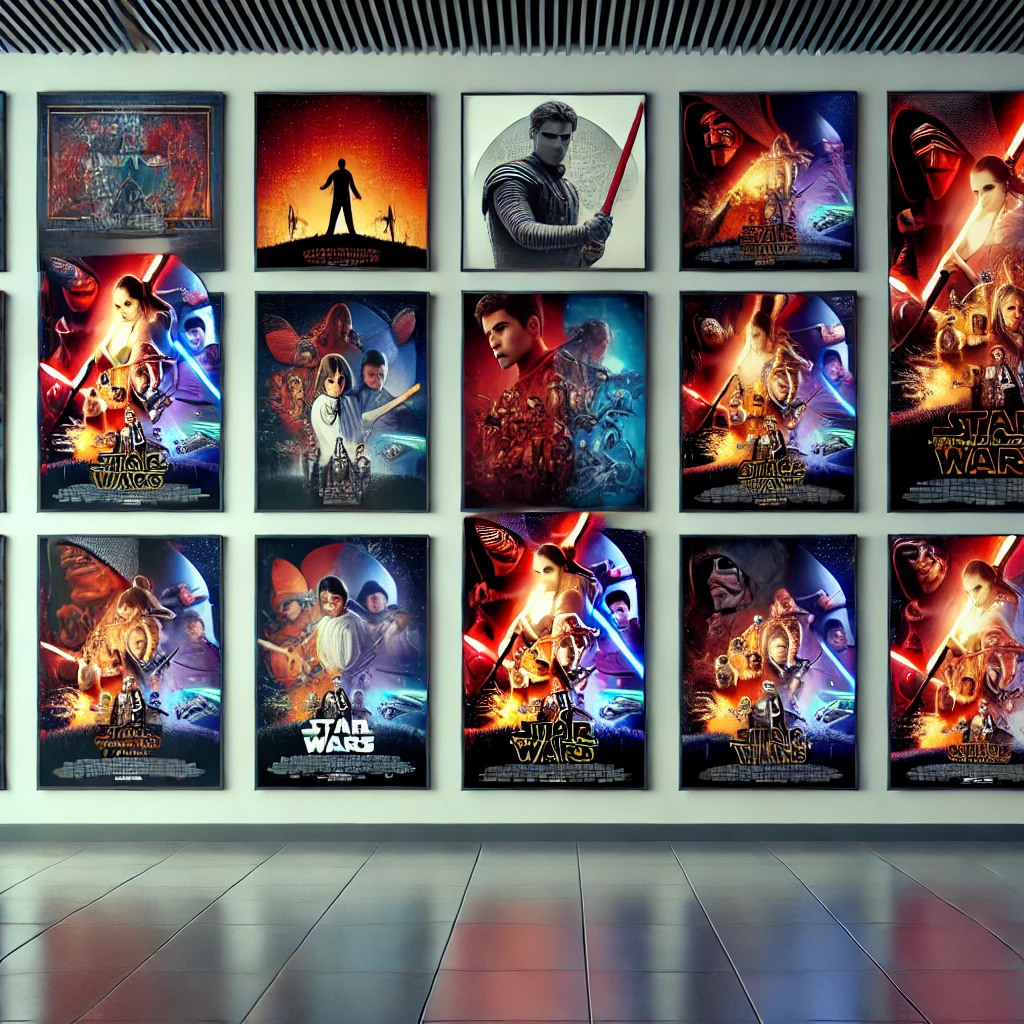 A collage of fan-made movie posters in a modern gallery-style setting, showcasing a variety of artistic styles from minimalist to intricate designs.