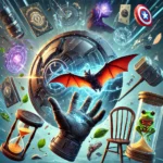 Collage of fictional superhero elements including a futuristic shield, a webbed glove, and a hammer crackling with energy.