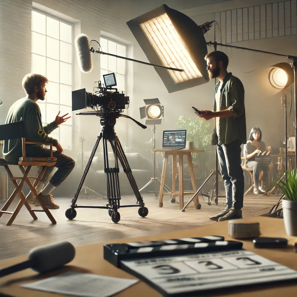 A small film production set with a director instructing an actor, a camera on a tripod, lighting equipment, and a boom microphone in an indoor room.