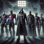 Five fictional superheroes in unique dark costumes standing in front of a gritty city with a large signal light shining in the sky.