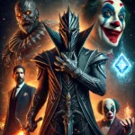 Fictional movie villains, including a dark-armored overlord, a clown-like figure with a mask, a masked villain in a suit, and a large figure with a glowing gauntlet.