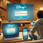 A person troubleshooting Disney+ login issues on a Smart TV, smartphone, and laptop, seated in a cozy living room.