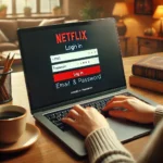 A person using a laptop to log in to Netflix with the Netflix login screen visible.