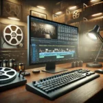 A realistic image of a film editing studio with a digital editing workstation, showing the evolution of film editing tools from vintage film reels to modern digital equipment.