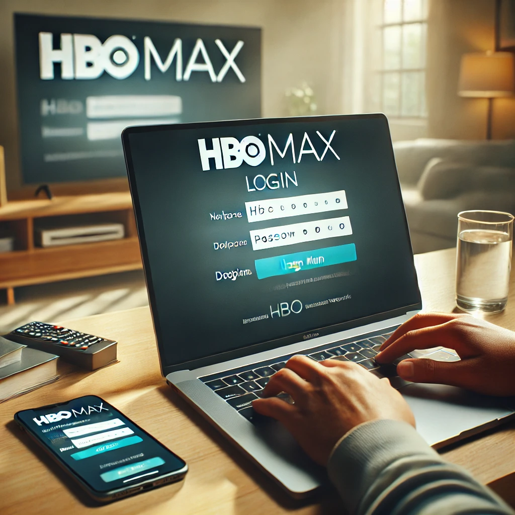 HBO Max login screen on a laptop with multiple devices in the background.