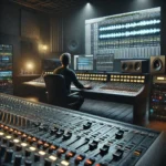 Sound engineer working in a movie sound design studio at a mixing desk with controls, screens displaying waveforms, and sound equipment.