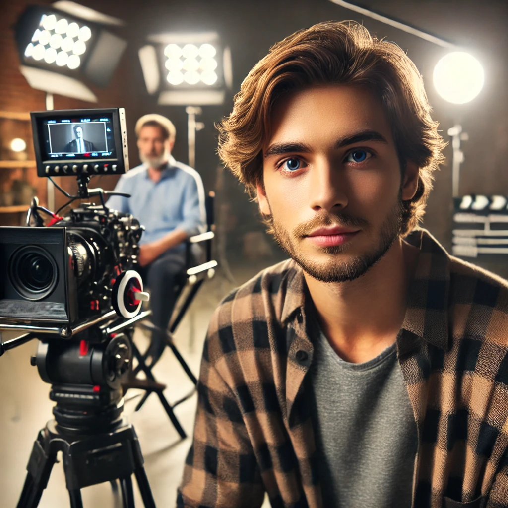 Aspiring actor performing in front of a camera on a professional film set with crew and lighting equipment in the background.