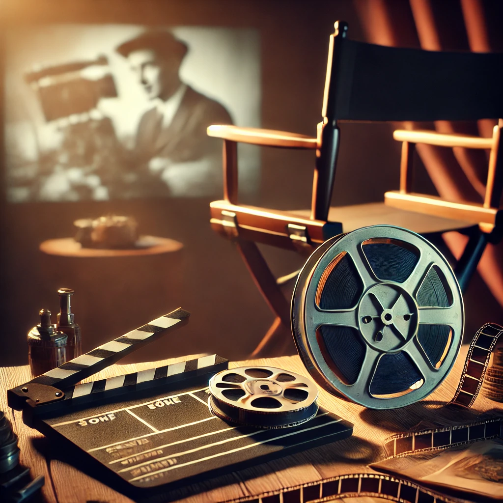 A cinematic scene with a film reel, director’s chair, and clapperboard on a wooden table, with a vintage movie screen in the background showing a black-and-white film.