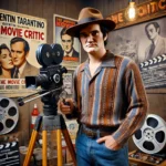 Quentin Tarantino holding a vintage film camera on a 1970s-themed movie set with retro posters and filmmaking equipment, hinting at his final movie, The Movie Critic.