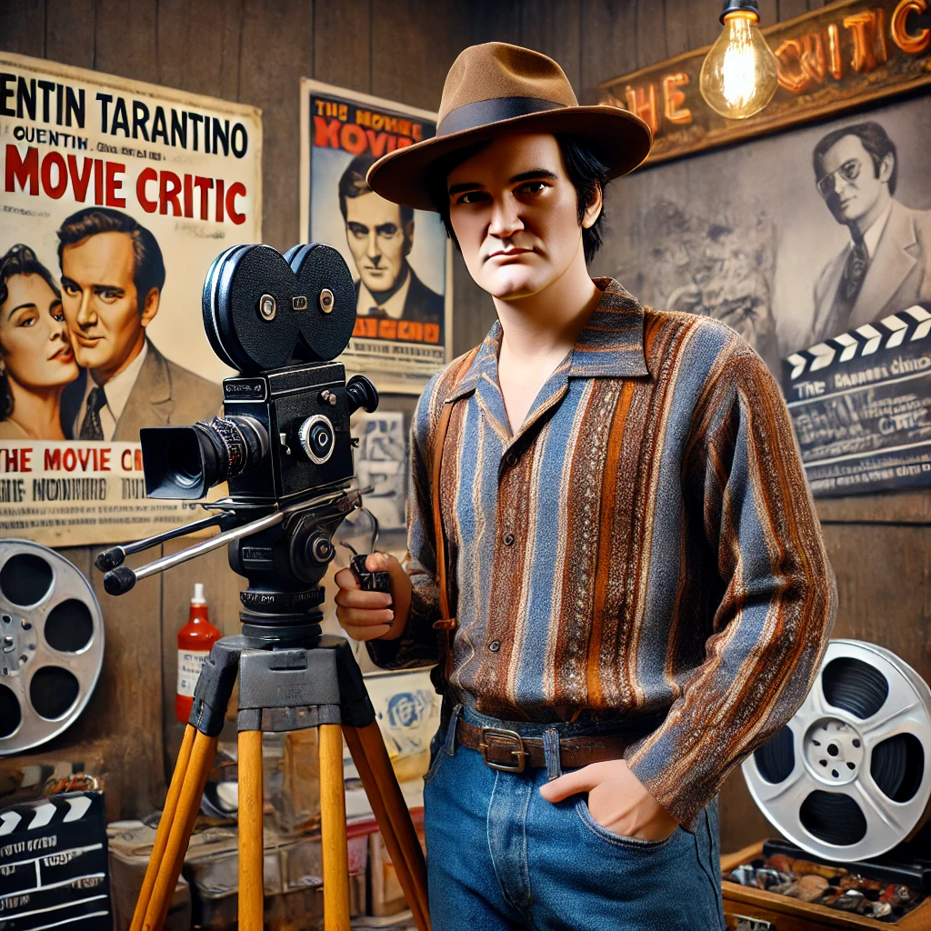 Quentin Tarantino holding a vintage film camera on a 1970s-themed movie set with retro posters and filmmaking equipment, hinting at his final movie, The Movie Critic.