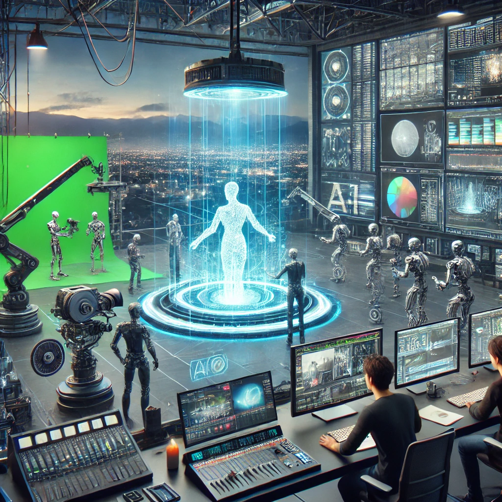 Futuristic film studio showing filmmakers using AI technology for visual effects, lighting, and camera operations, with robotic arms and holographic displays in a modern environment.