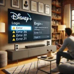 Person sitting on a couch in a modern living room, looking at a smart TV displaying a Disney+ login error with codes like Error 14, 22, and 31.