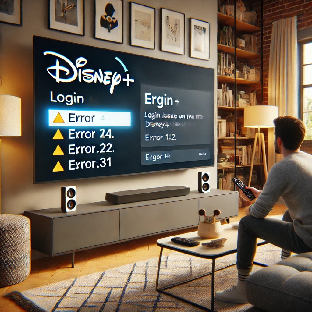 Person sitting on a couch in a modern living room, looking at a smart TV displaying a Disney+ login error with codes like Error 14, 22, and 31.