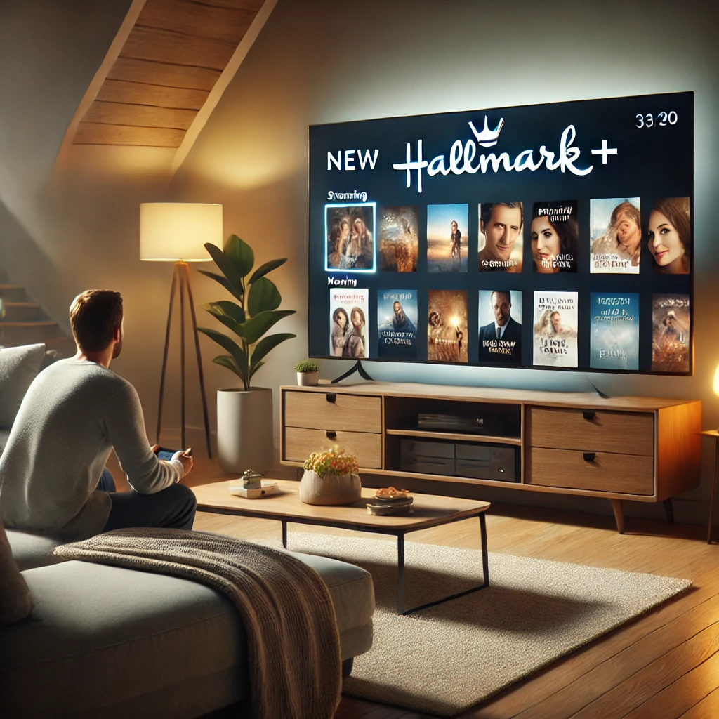 Person sitting on a cozy couch watching a new streaming service on a large TV, with Hallmark+ style movie thumbnails displayed, in a modern living room setting.