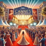 A vibrant red carpet scene from the 2024 Cannes Film Festival at the Palais des Festivals, with celebrities in elegant attire and photographers capturing the moment.