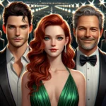 A group of three fictional actors at a red carpet event: a tall man in a black tuxedo, a woman with red hair in an emerald gown, and an older man with salt-and-pepper hair in a dark blue suit.