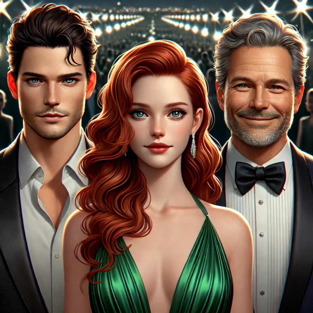 A group of three fictional actors at a red carpet event: a tall man in a black tuxedo, a woman with red hair in an emerald gown, and an older man with salt-and-pepper hair in a dark blue suit.