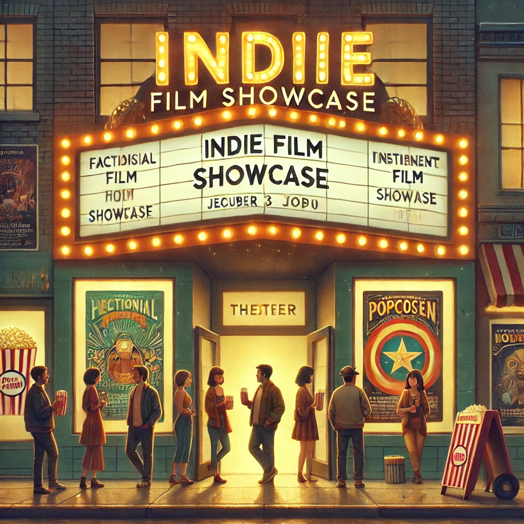 A fictional indie film festival at a cozy, vintage theater with a glowing marquee reading 'Indie Film Showcase.' People stand outside, casually dressed, holding popcorn and drinks, with artistic film posters displayed on the walls.