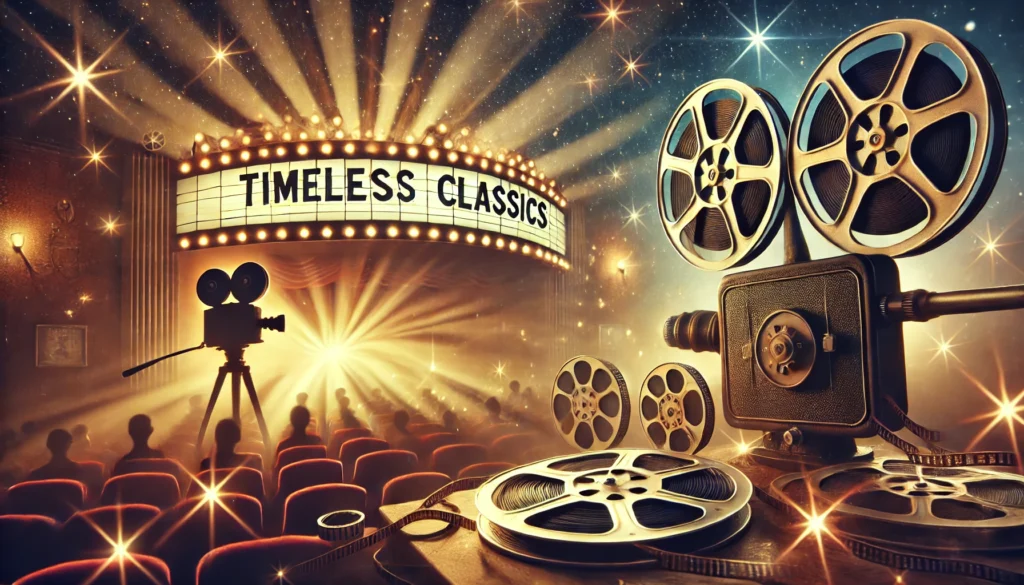 Vintage cinema scene with film reels, retro camera, and theater setting evoking the timeless magic of classic films.