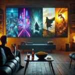 Person watching fictional animated movies in a cozy living room with vibrant scenes on the screen.