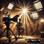 A realistic photo of a professional film set with lighting equipment illuminating an actor, showcasing the importance of lighting in filmmaking.