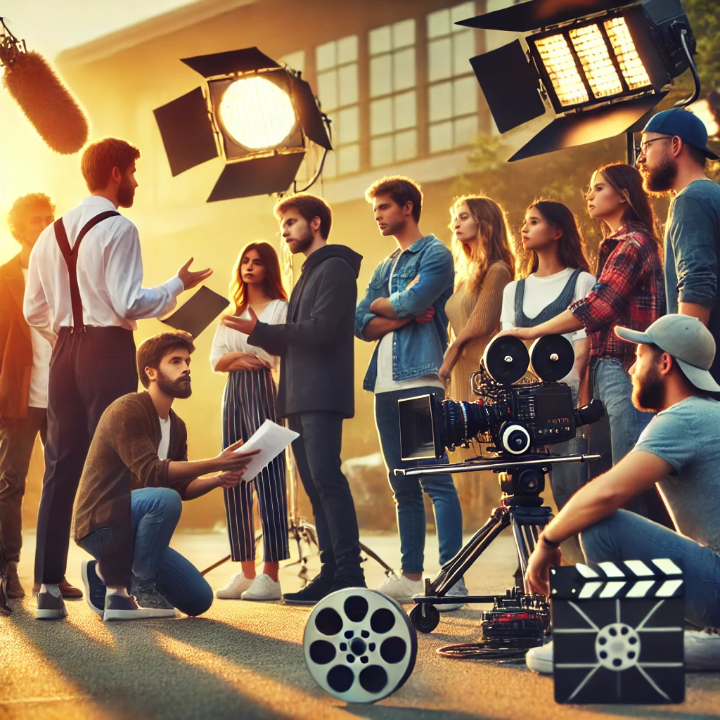 Film industry professionals working on a film set, including a director with a script, camera operator, and actors preparing for a scene outdoors with lighting equipment.