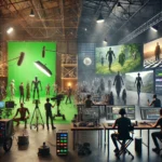 Behind-the-scenes look at a film set combining CGI and practical effects, featuring green screen work, animatronics, and digital artists.