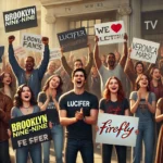 Fans holding up signs and celebrating successful campaigns to save TV shows like Brooklyn Nine-Nine, Lucifer, Veronica Mars, and Firefly outside a studio.