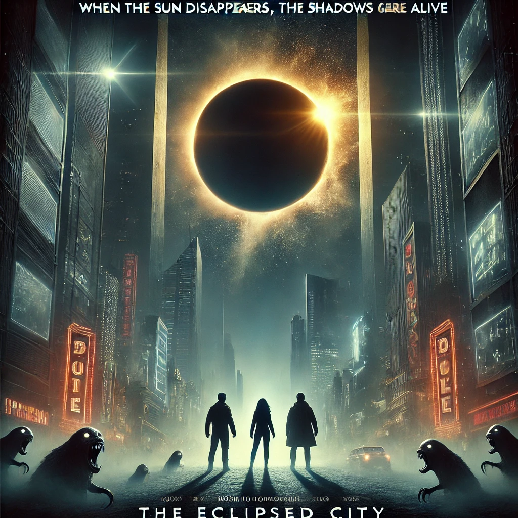 Poster for the sci-fi thriller 'The Eclipsed City', showing a futuristic city engulfed in shadow with an eclipse in the sky and shadowy creatures emerging.