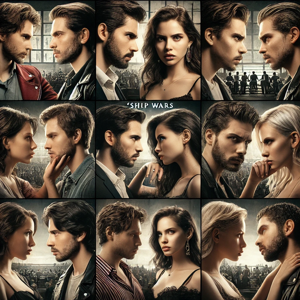 Collage of various romantic couples in heated debates, symbolizing fan conflicts and debates over movie pairings.