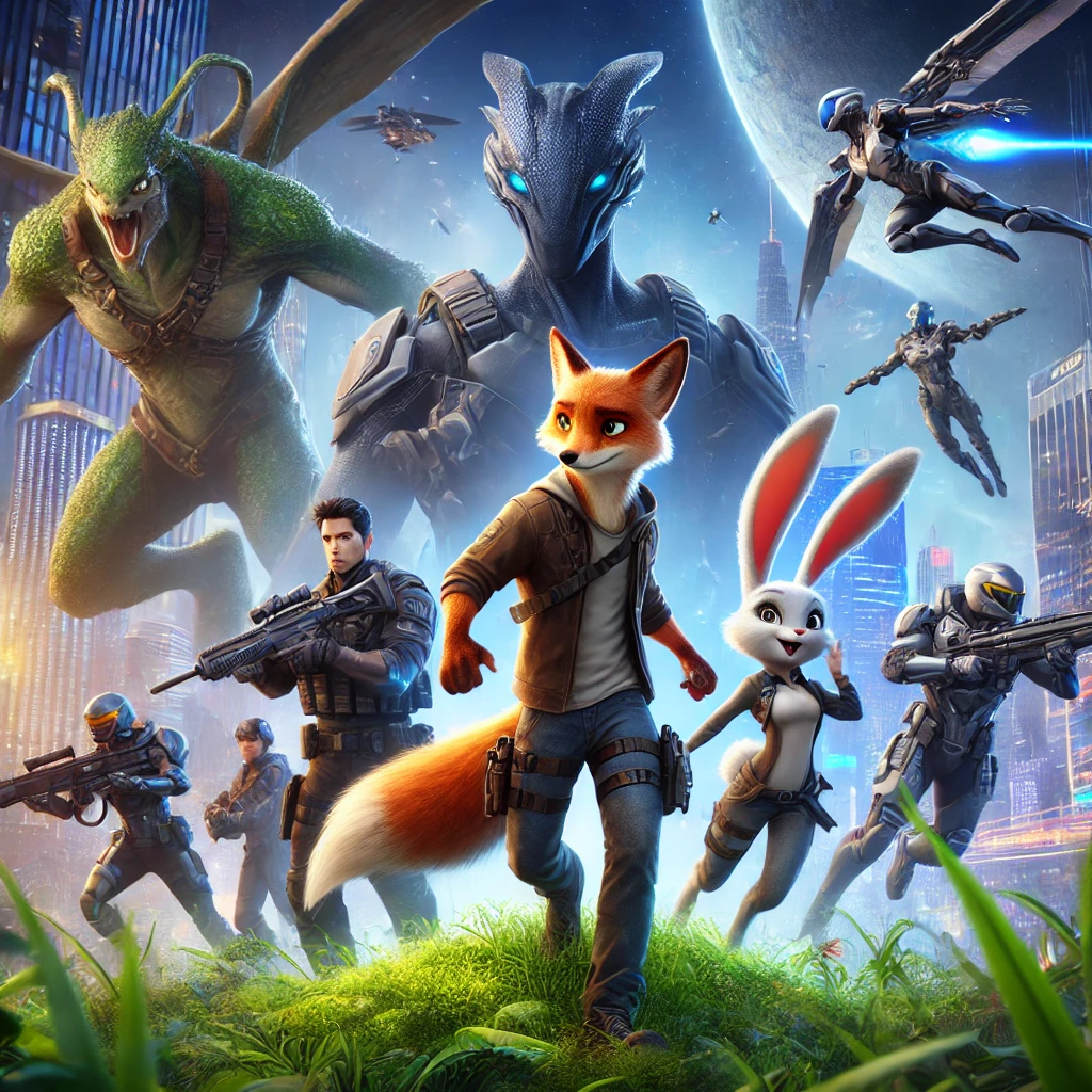 Promotional-style image featuring a fox and rabbit in an action pose, a futuristic warrior standing in an alien jungle with mysterious creatures, and a team of superheroes in a dynamic cityscape setting.