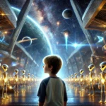 A young boy stands in awe in a futuristic space setting, surrounded by glowing alien beings and high-tech structures, looking towards a galaxy filled with stars and planets.