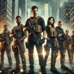 A group of anti-heroes in tactical gear stands in front of a futuristic city engulfed in smoke and sparks, ready for action after a battle. The mood is intense and gritty, emphasizing teamwork and moral ambiguity.