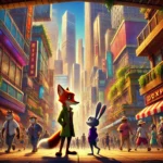 Two anthropomorphic characters, a fox and a rabbit, stand in a bustling city filled with colorful buildings, engaged in a conversation that hints at an adventure or crime-solving story.