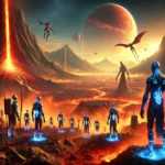 Blue humanoid figures with glowing tribal patterns stand in a fiery volcanic landscape, preparing for a journey across the hostile terrain while alien creatures fly overhead in the sky.