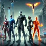 Four superheroes with unique powers stand together in a futuristic city, facing an incoming threat. One hero stretches his body, another is invisible, a third has rock-like skin, and the fourth controls fire. The city skyline in the background features flying vehicles and advanced architecture.