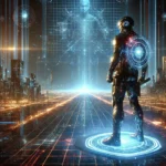 A lone figure in high-tech armor stands on a glowing platform in a neon-lit digital city. The futuristic landscape features abstract digital elements, including data streams and a grid-like ground, evoking a high-tech, action-packed virtual world.