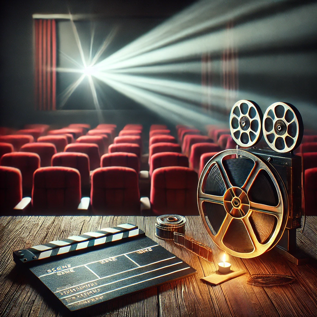 Empty vintage movie theater with red velvet seats, glowing screen, and film reel on table.