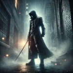 A lone figure in dark tactical armor, wearing a long trench coat, stands in the shadows of a gritty urban alley, holding a sword. The setting is moody, with rain, smoke, and dim, flickering city lights, creating a noir-like atmosphere with supernatural hints.