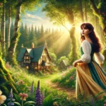 A young princess in a long flowing dress stands at the edge of a magical forest, with sunlight streaming through the trees and a quaint cottage in the background surrounded by flowers and greenery. The atmosphere is enchanting and fairy-tale-like.