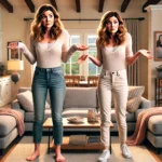 A mother and daughter stand in a suburban living room, looking confused and shocked as they hold their hands out, suggesting a body-swap scenario. The room has modern decor with a couch, coffee table, and family photos, creating a light-hearted and fun atmosphere.