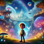 A young protagonist stands in an enchanted forest filled with glowing trees, sparkling creatures, and floating islands in the sky. The colorful and whimsical setting evokes a sense of wonder and adventure, perfect for a family-friendly animated film.