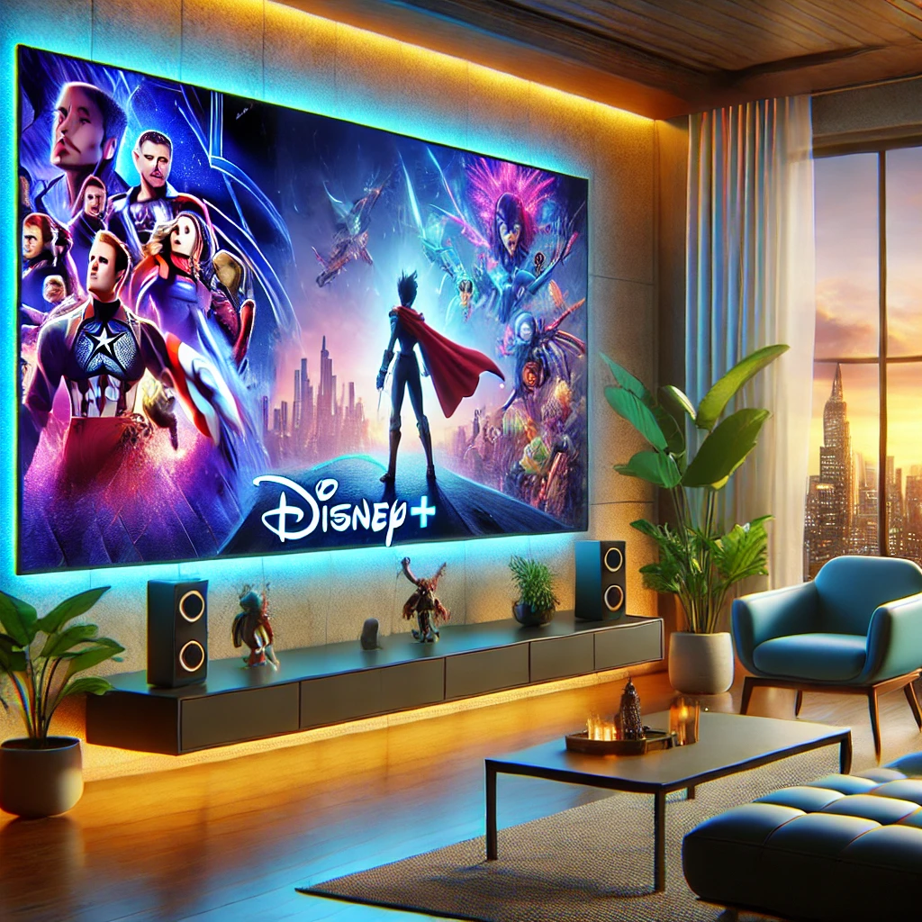 A modern living room with a large TV displaying Disney+ shows, including a fantasy adventure, superhero action, and animated series. The room has minimalist furniture, large windows, and a city view.