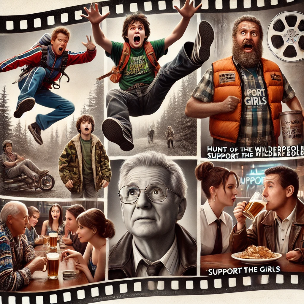 A realistic photo-like collage of scenes from underrated comedy films, featuring a stuntman mid-fall, a boy and an older man lost in the wilderness, waitresses in a sports bar, and two men in a restaurant doing impressions.